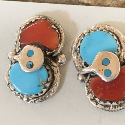 Zuni Snake Earrings | Blue Kingman Turquoise & Red Coral | Sterling Silver | Native American Handmade | 12041