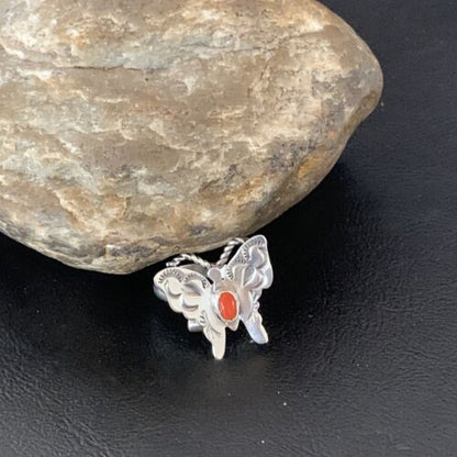 Navajo Red Spiny Oyster Butterfly Ring | Sterling Silver | Adj Sz 8 | Authentic Native American Handmade | 10342