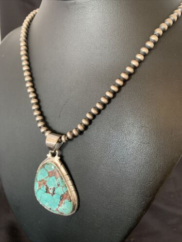 Men's Navajo Pearl Necklace with Blue Spiderweb Turquoise Pendant | Sterling Silver | 10543