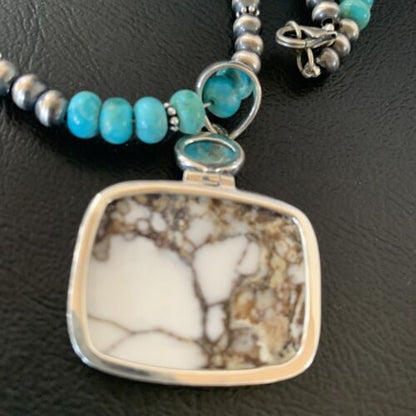 Navajo Pearl Blue Turquoise, Wild Horse & Multi-Stone Pendant Necklace | Authentic Native American Sterling Silver | 11862