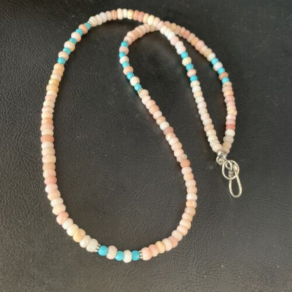 Navajo Blue Turquoise Pink Opal Bead Necklace | Sterling Silver | Authentic Native American Handmade | 22" | 13592