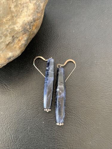 Navajo Blue Lapis Lazuli Bead Dangle Earrings | Sterling Silver | Authentic Native American Handmade | 13031