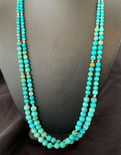 Navajo Blue Turquoise Bead Necklace | Sterling Silver | 25" | Authentic Native American Handmade | 11665 - Masha USA