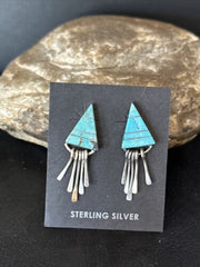 Navajo Blue Turquoise Inlay Earrings | Sterling Silver | 1" | Authentic Native American Handmade | 14774