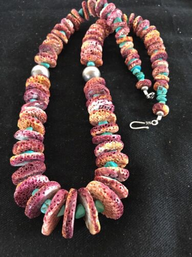 Authentic Native American Navajo Necklace | Purple Spiny Oyster & Turquoise | Sterling Silver | 24" Graduated