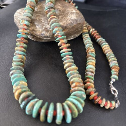 Navajo Turquoise & Red Spiny Oyster Necklace | Sterling Silver | Authentic Native American | 32" | 14382