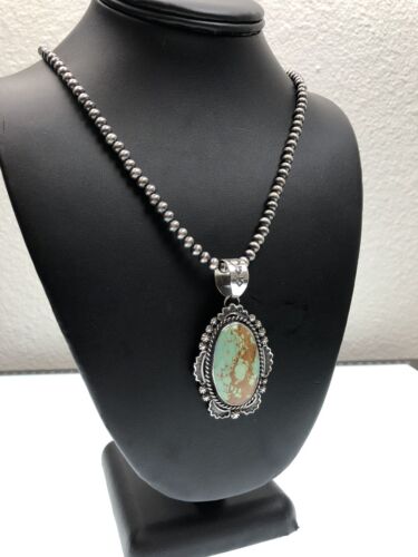 Navajo Pearls Sterling Silver Necklace with Blue Turquoise #8 Pendant | Authentic Native American Handmade | 11298