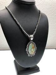 Navajo Pearls Sterling Silver Necklace with Blue Turquoise #8 Pendant | Authentic Native American Handmade | 11298