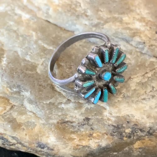 Zuni Blue Turquoise Multi-Stone Cluster Ring | Authentic Native American Sterling Silver Needle Point | Sz 7 | 10741