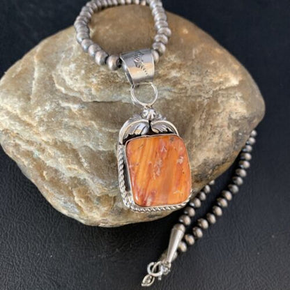 Navajo Orange Spiny Oyster Pendant | Sterling Silver | Authentic Native American Handmade | 13638