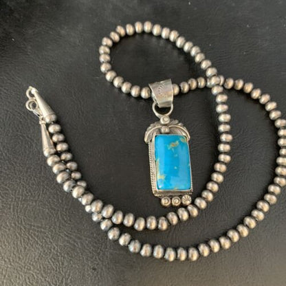 Men's Blue Kingman Turquoise Necklace Pendant | Sterling Silver Navajo Pearls | 13762