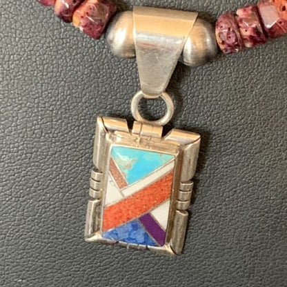 Navajo Multi-Color Inlay Pendant | Sterling Silver Purple Spiny Oyster Necklace 21" | 12359