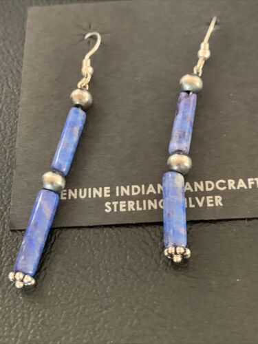 Navajo Denim Lapis Lazuli Bead Dangle Drop Earrings | Sterling Silver | Authentic Native American Handmade | 13040