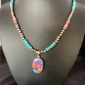 Navajo Pearls Sterling Silver Necklace with Turquoise and Purple Spiny Oyster Pendant | 13153