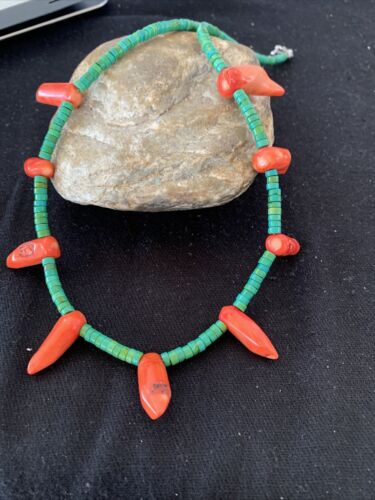 Navajo Turquoise Coral Chili Pepper Necklace | 20" | Sterling Silver Beads | Southwestern | 00828