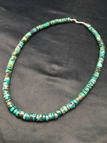 Native American Green Turquoise Heishi Bead Necklace | 10mm Sterling Silver | 20" | 4357