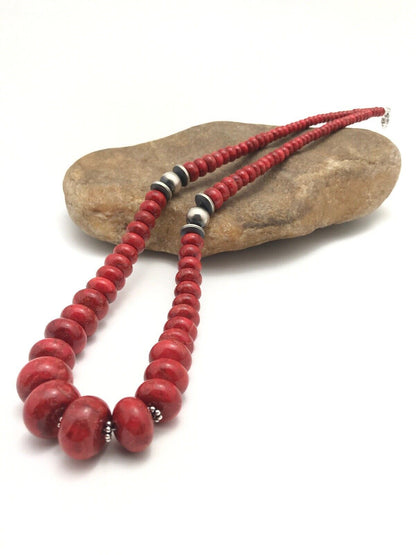 Authentic Native American Navajo Sterling Silver Necklace | Apple Sponge Coral Graduated Beads | 25" | 4558