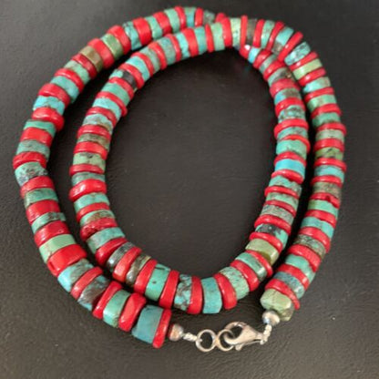 Southwestern Men's Heishi Turquoise Coral Necklace | Sterling Silver | Authentic Native American Handmade | 23" | 13927