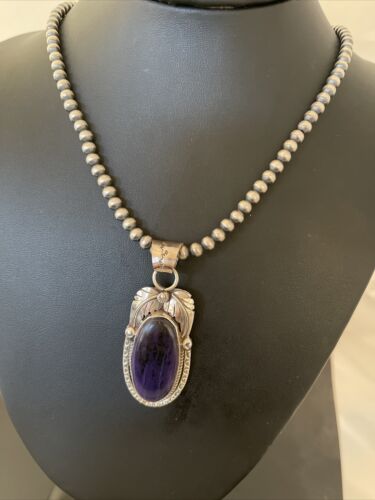 Native American Men's Navajo Pearls Necklace | Sterling Silver Sugilite Pendant | 01529