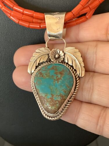 Navajo Sterling Silver Turquoise Pendant with Coral Bead Necklace | Multi-Strand | Authentic Native American Handmade | 00370