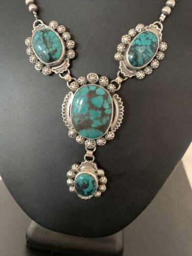 Navajo Lariat Spiderweb Turquoise Pendant Necklace | Sterling Silver | 25" | Authentic Native American Handmade | 1337