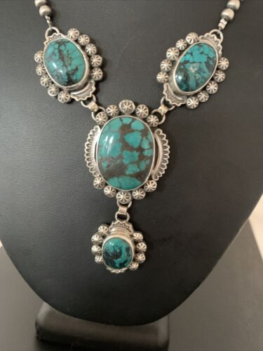 Navajo Lariat Spiderweb Turquoise Pendant Necklace | Sterling Silver | 25" | Authentic Native American Handmade | 01336