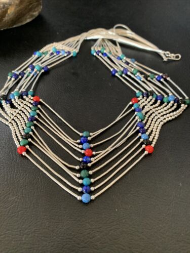 Native American Multi-Color Liquid Heishi Necklace | 10 Strand Sterling Tubes | 17" | 12623
