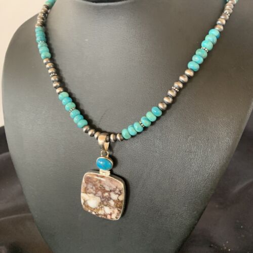 Men's Navajo Pearl Necklace | Sterling Silver | Blue Turquoise & Wild Horse Pendant | 11860