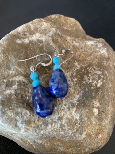 Navajo Lapis Lazuli Turquoise Bead Dangle Earrings | Sterling Silver | Authentic Native American Handmade | 1541