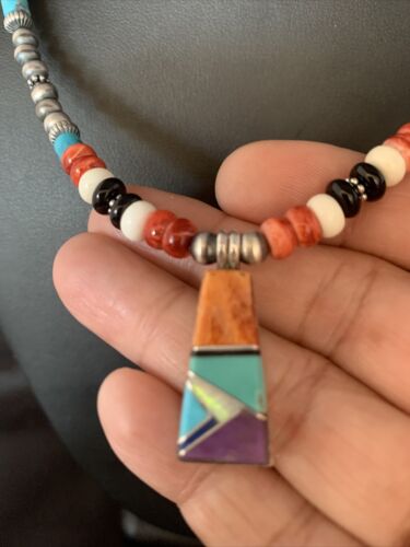 Navajo Multi-Color Turquoise Onyx Inlay Pendant Necklace | Sterling Silver | 13798