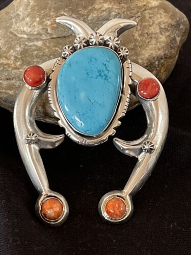 Navajo Turquoise & Coral Naja Tufa Cast Pendant | Authentic Native American Handmade | Sterling Silver | 01061