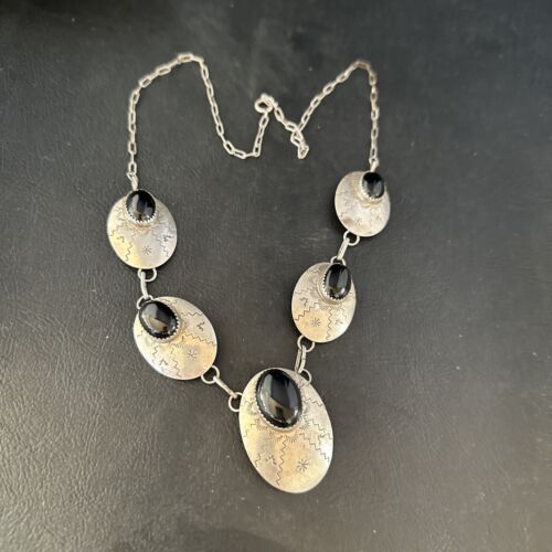 Navajo Black Onyx Pendant Necklace | Sterling Silver | Authentic Native American Handmade | 20" | 14482