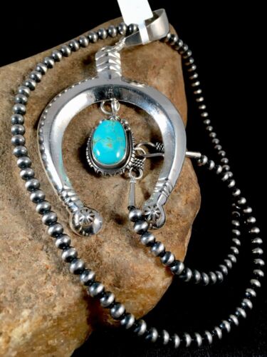 Navajo Turquoise #8 Naja Pendant | Sterling Silver Necklace | Authentic Native American Handmade | 8670