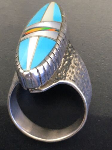 Navajo Multi-Color Opal & Turquoise Inlay Ring | Sterling Silver | Sz 8 | Authentic Native American Handmade | 01593