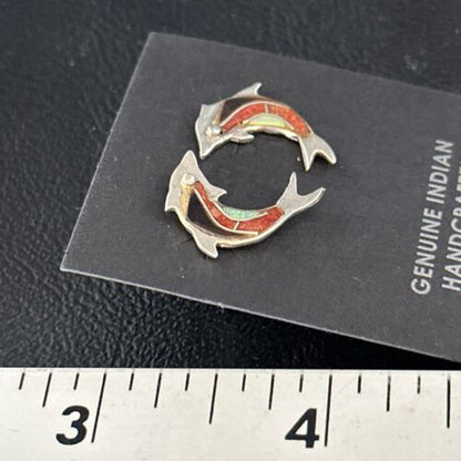 Navajo Multi-Color Dolphin Coral Lapis Inlay Earrings | Sterling Silver | Authentic Native American Handmade | 14658