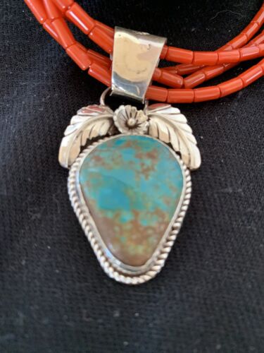 Navajo Sterling Silver Turquoise Pendant with Coral Bead Necklace | Multi-Strand | Authentic Native American Handmade | 00370
