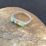 Southwestern Navajo Green Gaspeite Sugilite Red Coral Inlay Ring | Sz 7 | 02249