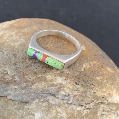 Southwestern Navajo Green Gaspeite Sugilite Red Coral Inlay Ring | Sz 7 | 02249