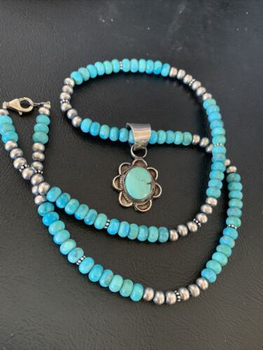 Navajo Blue Turquoise Pendant Necklace | Sterling Silver Pearls | Authentic Native American Handmade | 13219