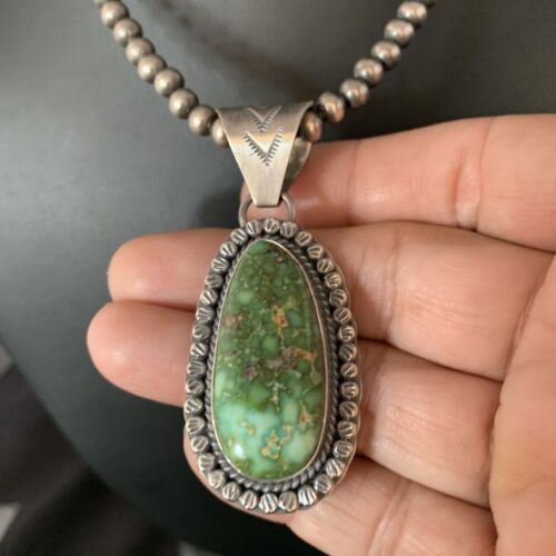 Men's Green Sonoran Gold Turquoise Pendant Necklace | Navajo Sterling Silver | Authentic Native American | 14006