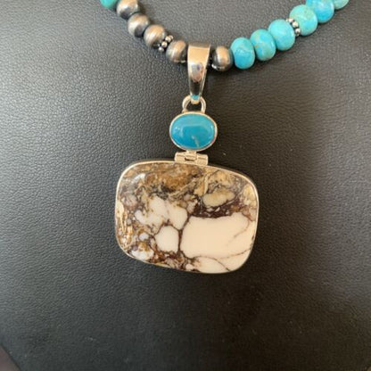 Navajo Pearl Blue Turquoise, Wild Horse & Multi-Stone Pendant Necklace | Authentic Native American Sterling Silver | 11862