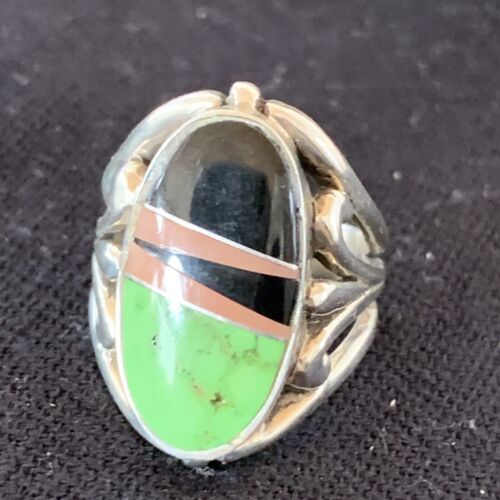 Native American Gaspeite, Onyx & Opal Inlay Ring | Sterling Silver | Sz 7 | 01488