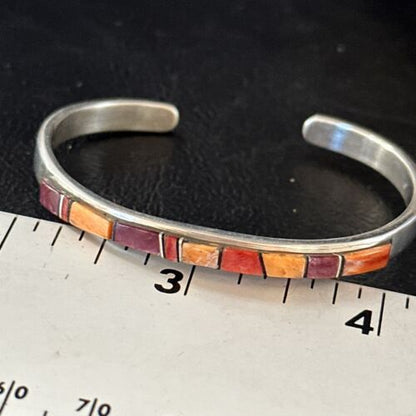Purple Red Orange Spiny Oyster Inlay Cuff Bracelet | Navajo Sterling Silver | Handmade Jewelry 14393