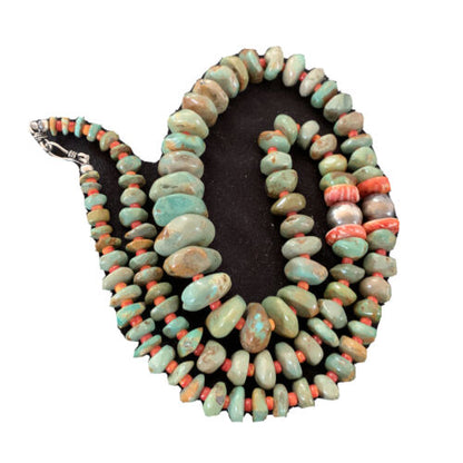Authentic Native American Navajo Necklace | Sterling Silver | Green Turquoise & Spiny Oyster | 32" | 01669