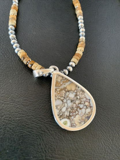 Men's Navajo Wild Horse Jasper Pendant Necklace | Sterling Silver | Authentic Native American Handmade | 10334