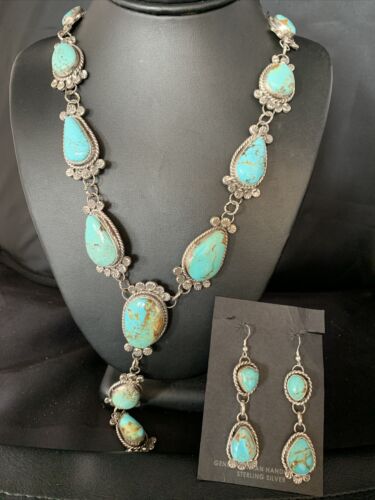 Navajo Sterling Silver Lariat Necklace 30" | Blue #8 Turquoise Earrings | Native American Handmade | 13770