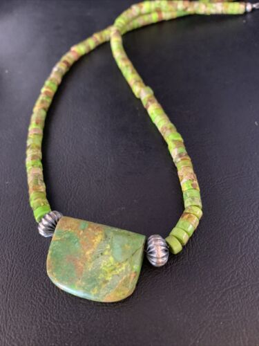 Navajo Green Gaspeite Turquoise Pendant | Sterling Silver | Authentic Native American Handmade | 13917