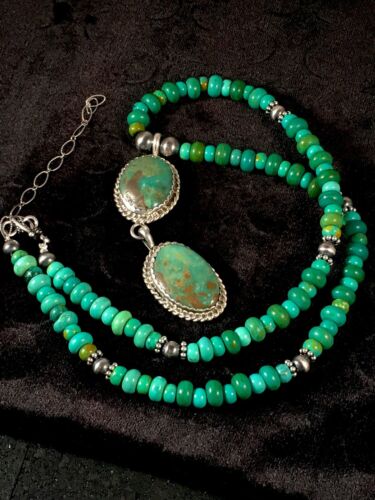 Southwestern Green Turquoise Necklace | Pueblo Sterling Silver Pendant | Multi-Stone | 8697