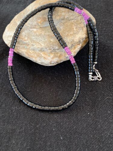 Native American Sugilite Heishi Onyx Necklace for Men | Sterling Silver | 19" | 8822