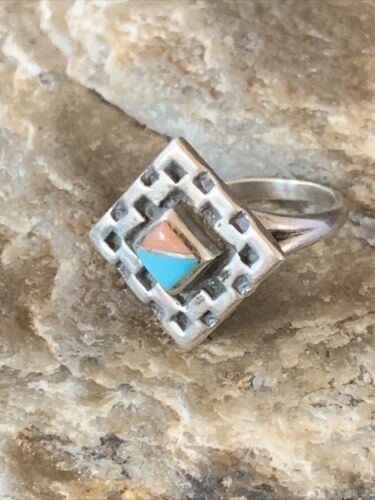 Navajo Blue Turquoise Pink Coral Inlay Ring | Sz 6.5 | Authentic Native American Handmade | 13133 - Masha USA